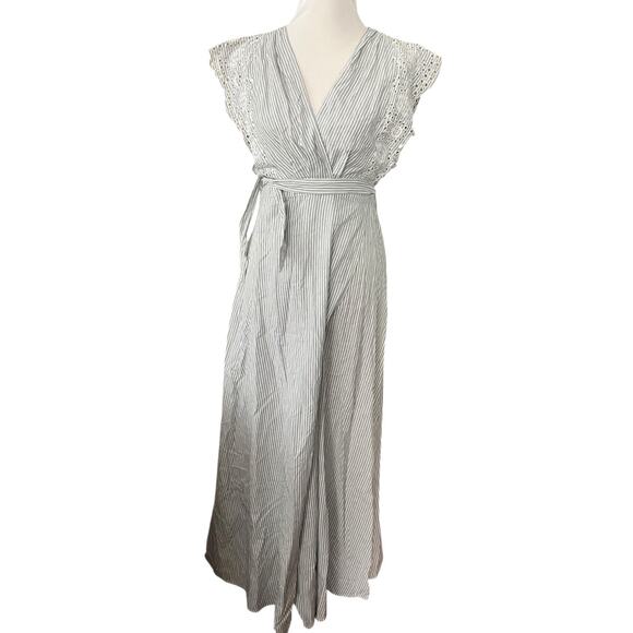 NWOT Neuflora Wrap Ruffle Maxi Dress •M• Striped Eyelet Flutter Sleeve - Picture 1 of 12